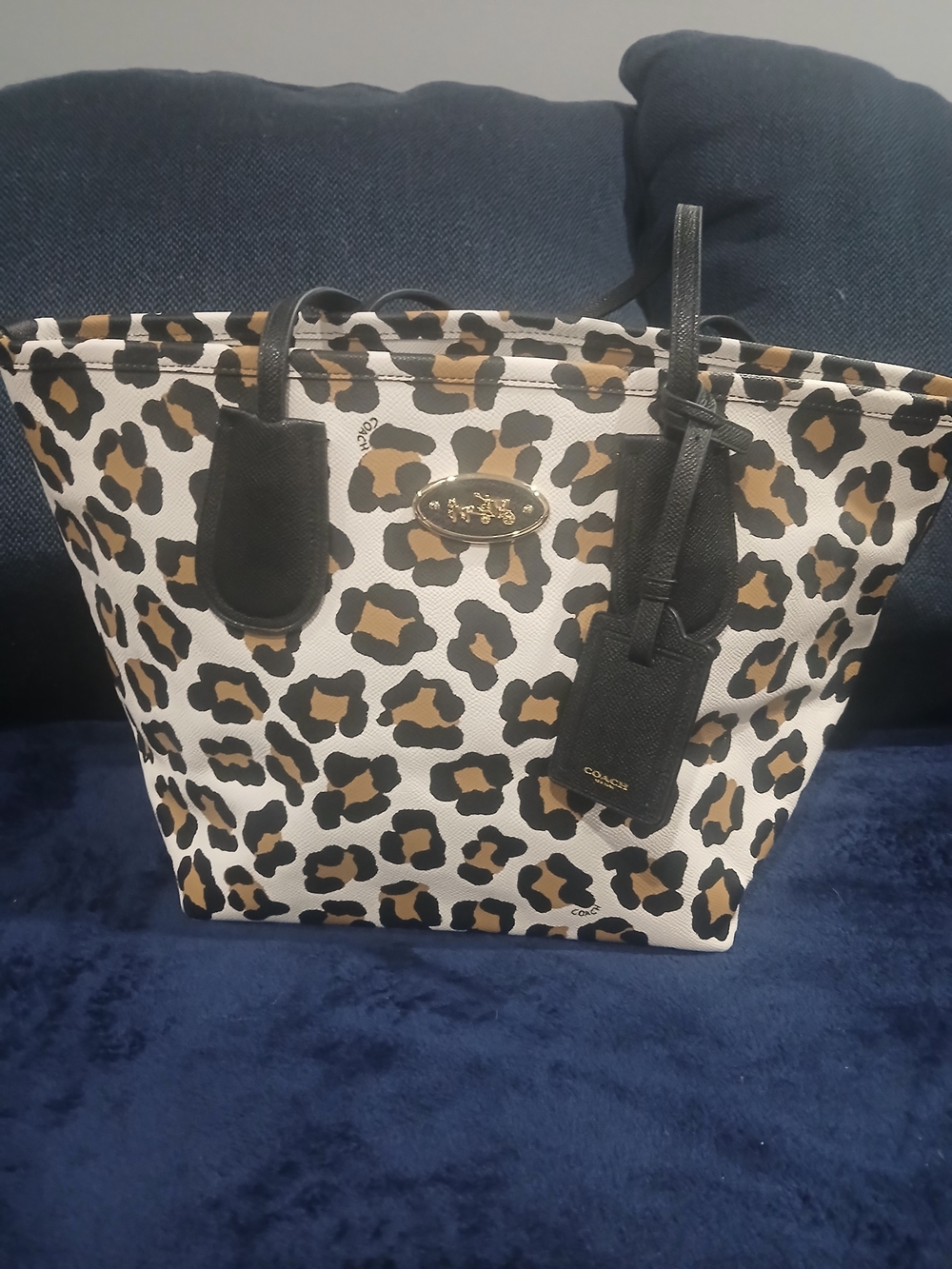 Coach Leopard Print Tote Bag in White, Black & Tan
